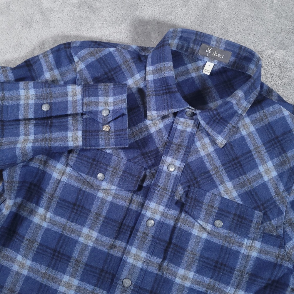 Ibex Shirt Mens Small Blue Plaid Wool Blend Snap Button Up Long Sleeve Flannel
